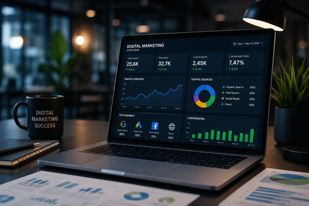Digital Marketing Analytics Dashboard Showing SEO, Google Ads and Social Media Marketing Performance