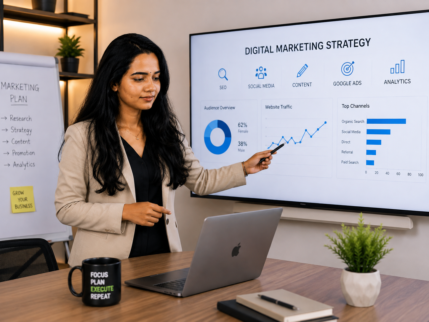 Digital marketing strategy presentation with SEO, social media, and analytics