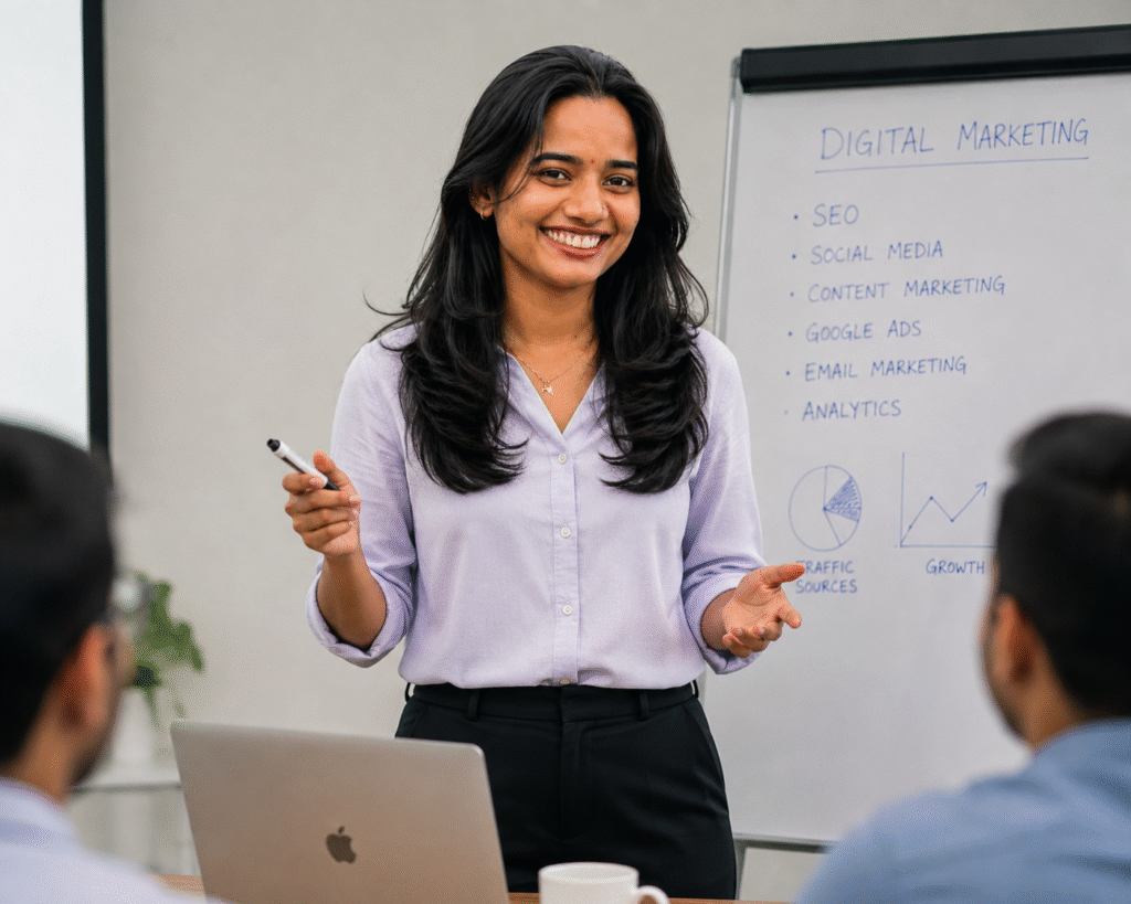 Digital marketing presentation covering SEO, social media, and Google Ads