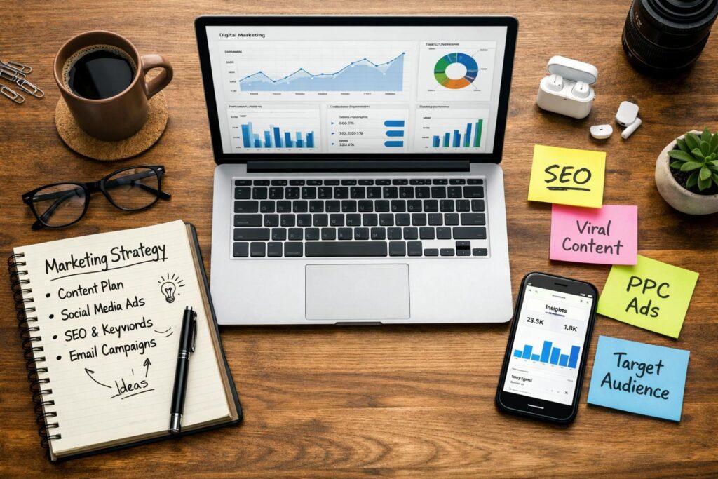 Digital marketing strategy notes with SEO, PPC, and social media planning